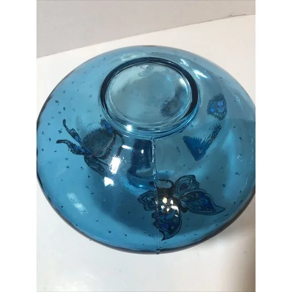 Beautiful Aqua Blue Glass fat vase with butterflies 9.5" Dia. Teal Blue Green - Picture 7 of 8